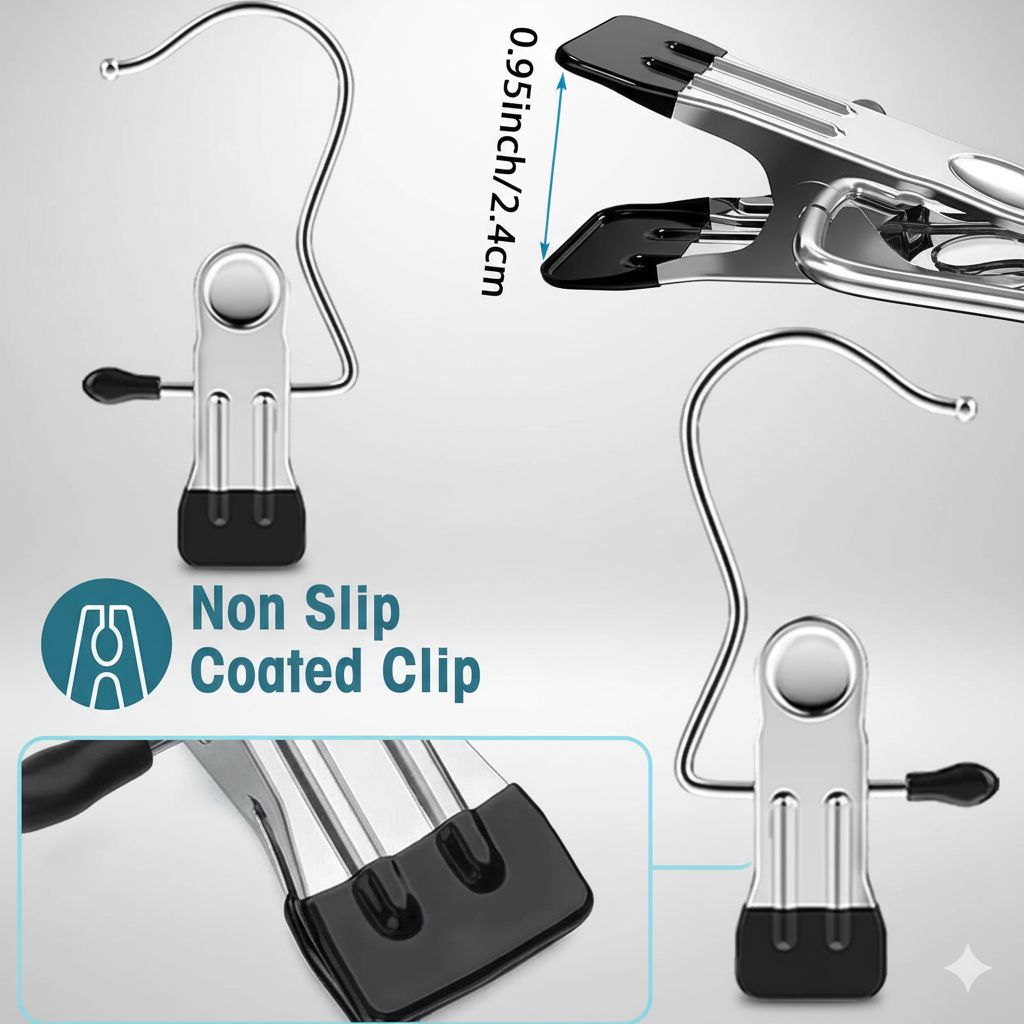 🏷️ Clipify™ Laundry Hook Clips (Pack of 10) – Stainless Steel Multi-Purpose Hanging & Drying Hooks ✨ “Clip It. Hang It. Love It. – Smart Laundry Made Simple!”